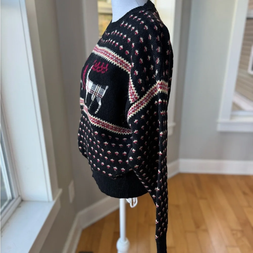 Vintage Susan Bristol Black Reindeer Plaid Wool Christmas Sweater Sz 38 Medium - Picture 3 of 11